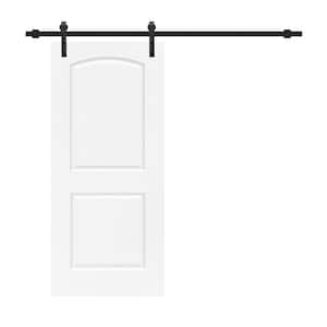 30 in. x 80 in. White Primed MDF 2 Panel Round Top Interior Sliding Barn Door with Hardware Kit