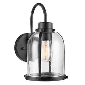 1-Light Matte Black Outdoor Indoor Wall Lantern Sconce with Clear Seeded Glass Shade, Vintage Incandescent Bulb Included
