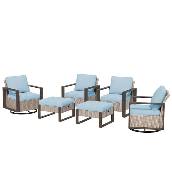 6-Piece Wicker Outdoor Sectional Set Patio Conversation 3-seat Sofa 2 Chairs with Light Blue Cushions