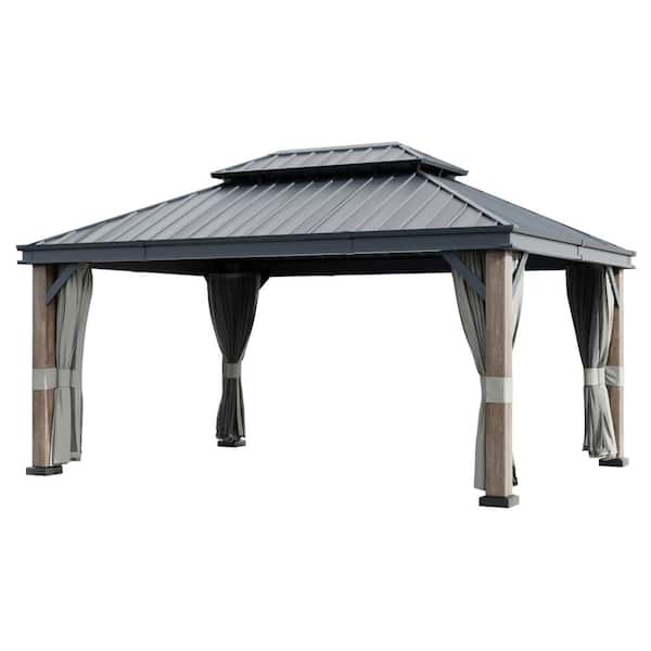 12 ft. x 16 ft. Wood Grain Double Galvanized Steel Roof Gazebo with Mosquito Netting, Ceiling Hook and Curtains