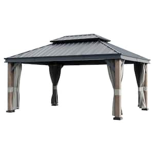 12 ft. x 16 ft. Wood GRain Double Galvanized Steel Roof Gazebo with Mosquito Netting, Ceiling Hook and Curtains