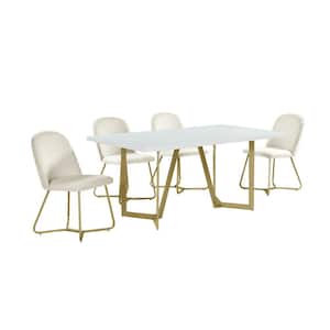 Aurelio 5-Piece Rectangle White Wooden Top Dining Set with Cream Velvet Fabric Chairs
