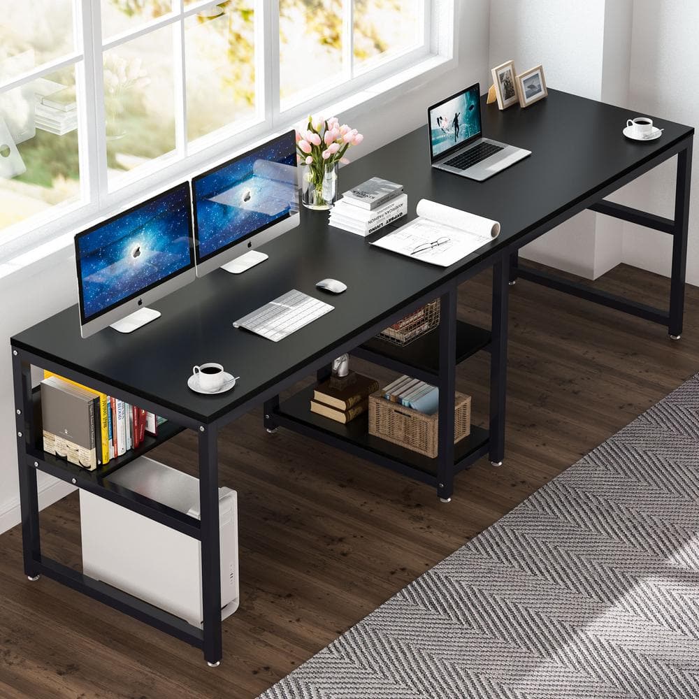 Black Double Workstation Desk with Shelves for Two