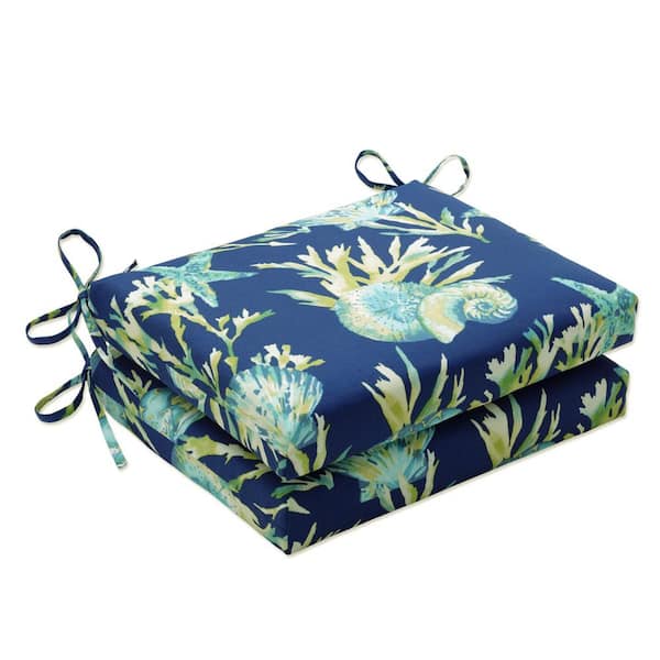 Pillow Perfect Tropical 18.5 in. x 16 in. Outdoor Dining Chair Cushion in Blue/Green (Set of 2)