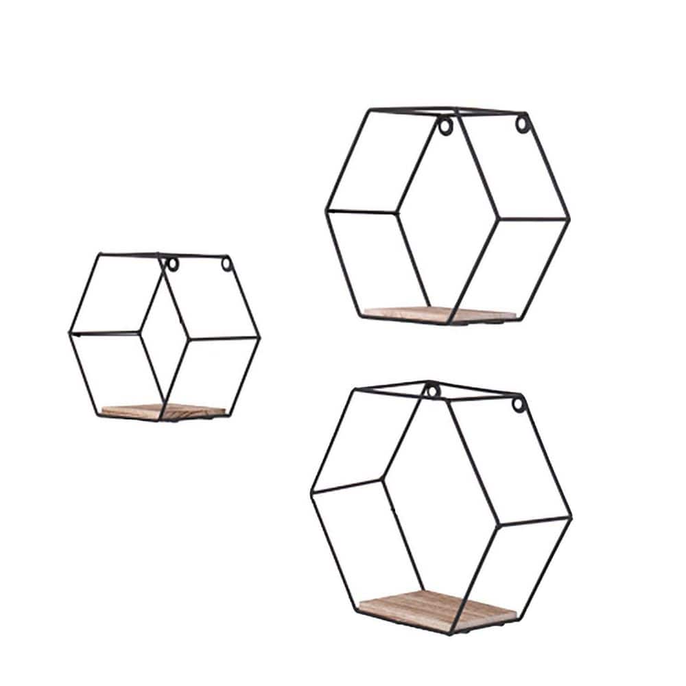 9.8 in. W x 3.9 in. D Black Decorative Wall Shelf, Wall Mounted Hexagonal F
