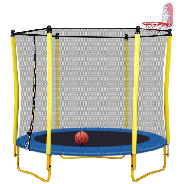 65 In. Yellow Toddlers Trampoline With Enclosure, Basketball Hoop and Ball , Indoor & Outdoor Mini Trampoline for Kids