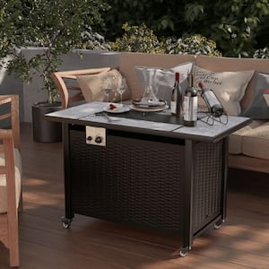 43 in. 50000 BTU Propane Outdoor Fire Pit Table With Ceramic Tile Top, Small Plate and Wheels