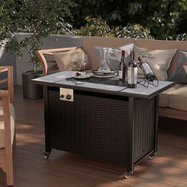 Foredawn 43 in. 50000 BTU Propane Outdoor Fire Pit Table With Ceramic Tile Top, Small Plate and Wheels