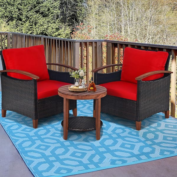 Brown 3-Piece Wicker Patio Conversation Set Outdoor Rattan Bistro Set with Red Cushions