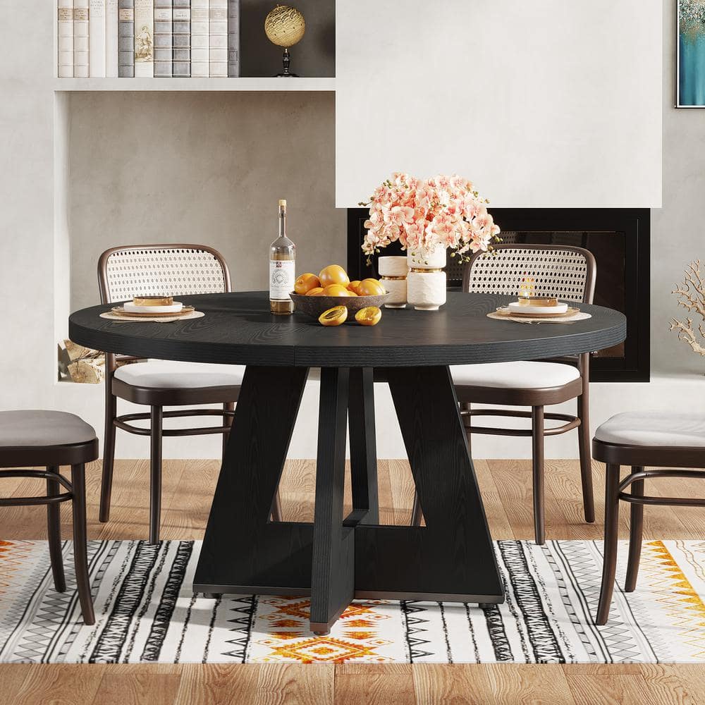 BYBLIGHT Roessler Farmhouse Black Wood 47 in. W Pedestal Round Dining Table without Chairs, Kitchen Dining Table Seats 4 BB-XK00614YF