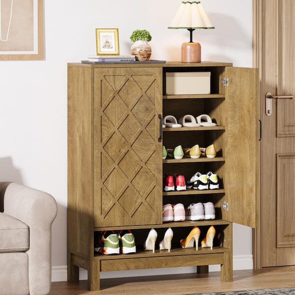 Lauren 43 in. H Wooden Brown Shoe Storage Cabinet Freestanding 20 Pairs 6-Tier Racks Organizer Adjustable Shelves