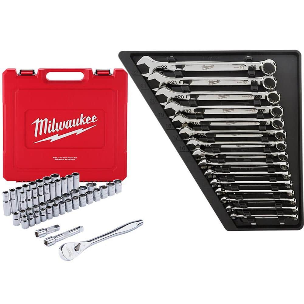 Milwaukee Combination Metric Wrench Mechanics Set with 1/2 in. Drive SAE/Metric  Ratchet and Socket Mechanics Set (62-Piece) 48-22-9515-48-22-9010 The  Home Depot