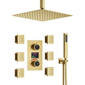 3-Spray 12 in. Ceiling Mount Dual Fixed and Handheld Shower Head 2.5 GPM and LCD Display with Valve in Brushed Gold