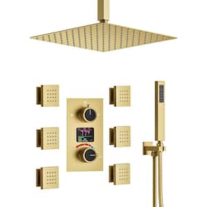 3-Spray 12 in. Ceiling Mount Dual Fixed and Handheld Shower Head and LCD Display with Valve in Brushed Gold