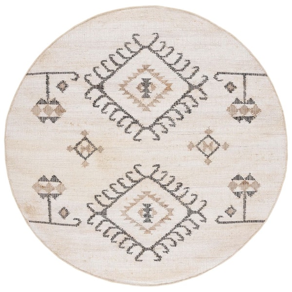 Kilim 9 ft. x 9 ft. Round Ivory/Black Ornamental Border Area Rug