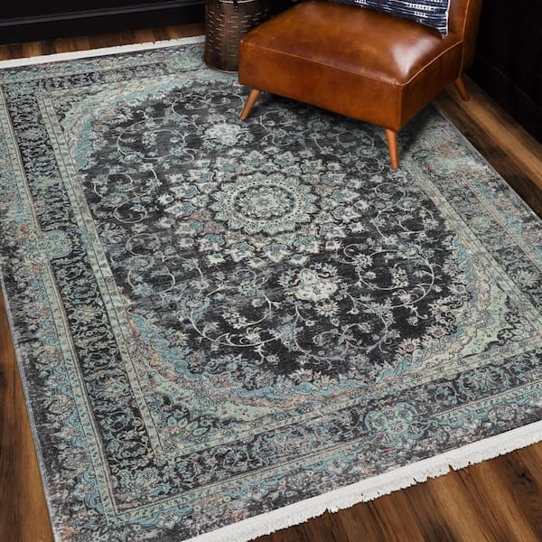 Ottomanson Non Shedding Washable Wrinkle-free Flatweave Medallion 2x5  Indoor Living Room Runner Rug, 20 in. x 59 in., Black LSB4808-2X5 - The  Home Depot