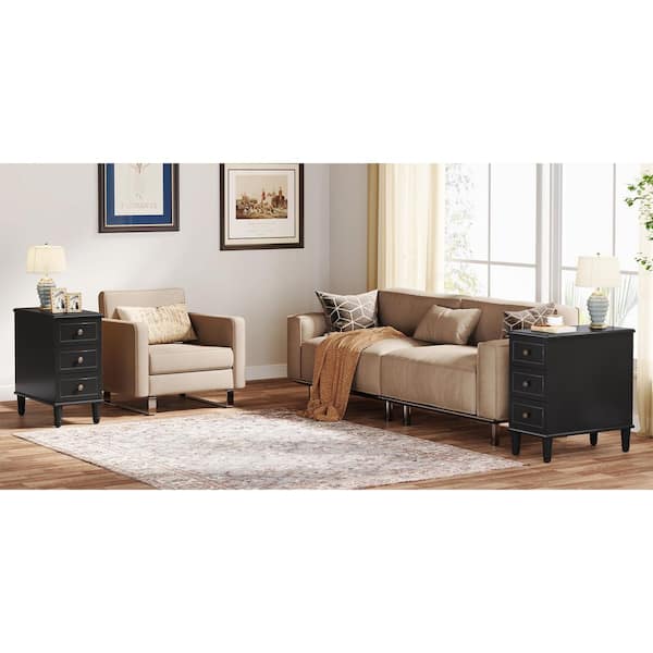 Calvin 23.62 in.W Assembled 3 Drawers Narrow Rectangle MDF Black Wood Bedside End Side Table Set of 2 Nightstand 2-Piece