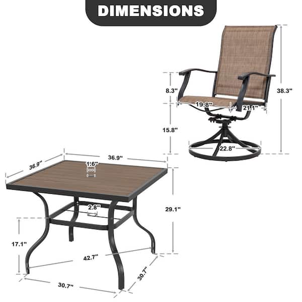 Black 5-Piece Textilene and Metal Square Outdoor Dining Set with Umbrella Hole and Faux Wood Tabletop & Swivel Design