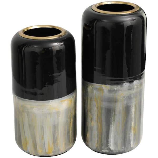 Litton Lane Silver Colorblock Metal Abstract Decorative Vase with Paint Streak Designs and Gold Accents (Set of 2)