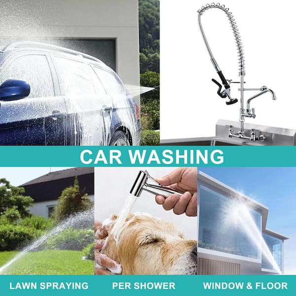 36 in. Ht Triple Handles Commercial Brass Pull Down Sprayer Kitchen Faucet Pre-Rinse Sprayer with Add-On Spout in Chrome