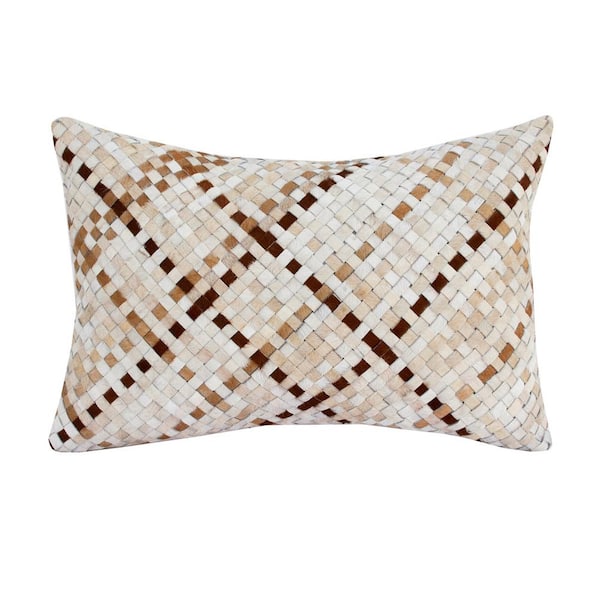 Unbranded Austin Ivory/Brown Weaved Faux Leather 16 in. x 24 in. Indoor Lumbar Pillow