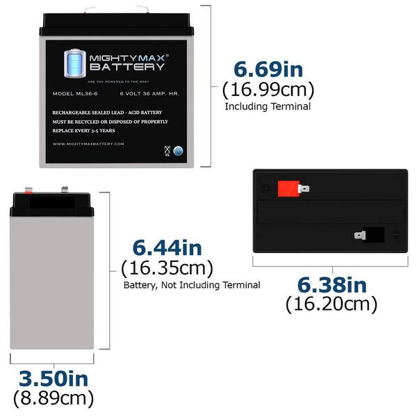 MIGHTY MAX BATTERY 6V, 36Ah, AGM, F2 Terminal, Replacement Battery