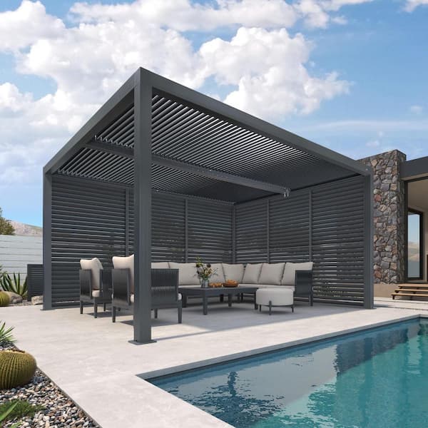 PURPLE LEAF 11 ft. x 14 ft. Gray Aluminum Louvered Pergola with 2 Individual Sunshade Roofs and 1-Long 1-Short Side Shutter Wall