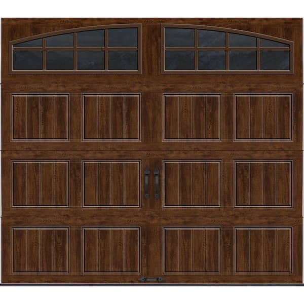 Clopay Gallery Steel Short Panel 8 ft x 7 ft Insulated 18.4 R-Value Wood Look Walnut Garage Door with Arch Windows