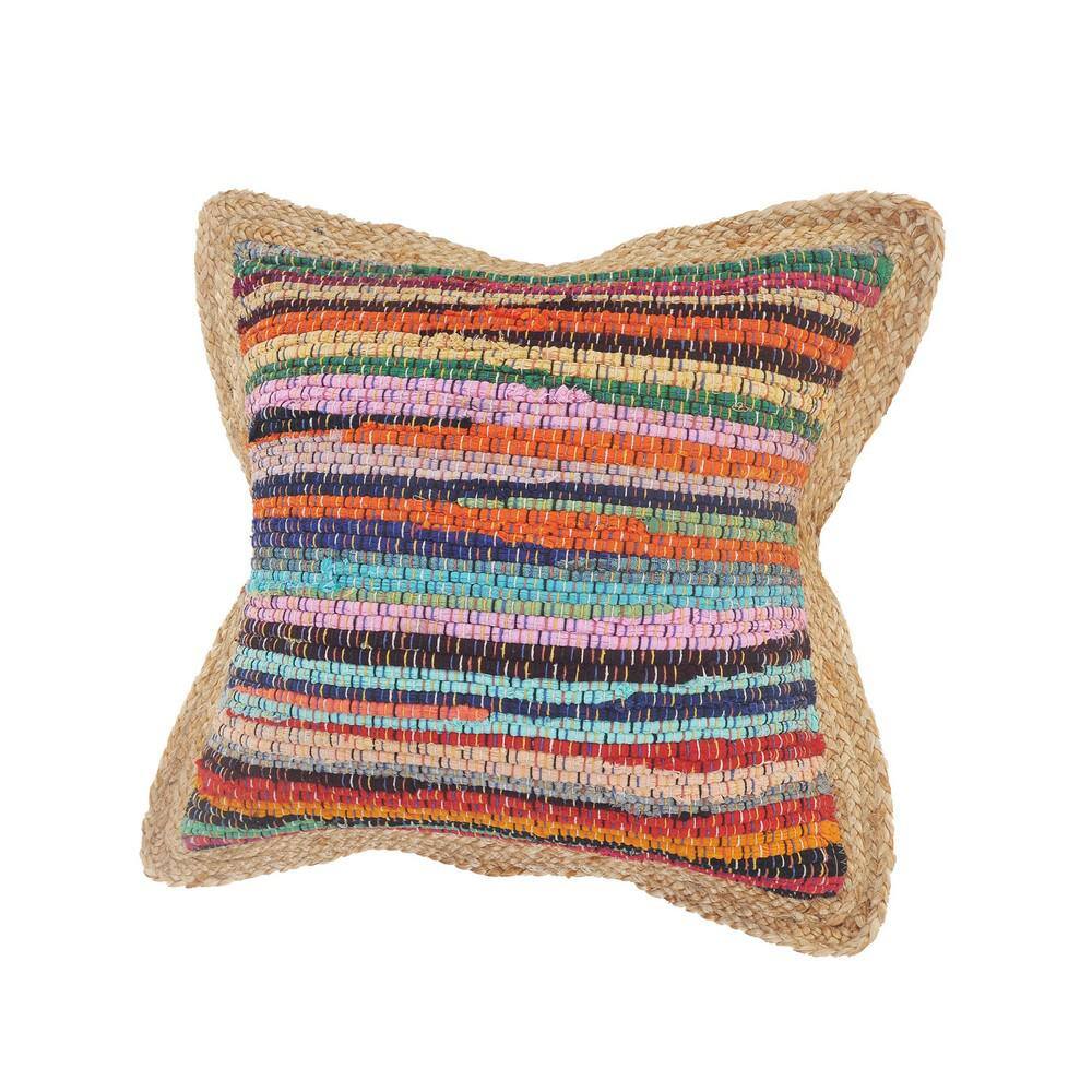 Multicolor Chindi Cotton and Jute Border 20" Square Throw Pillow