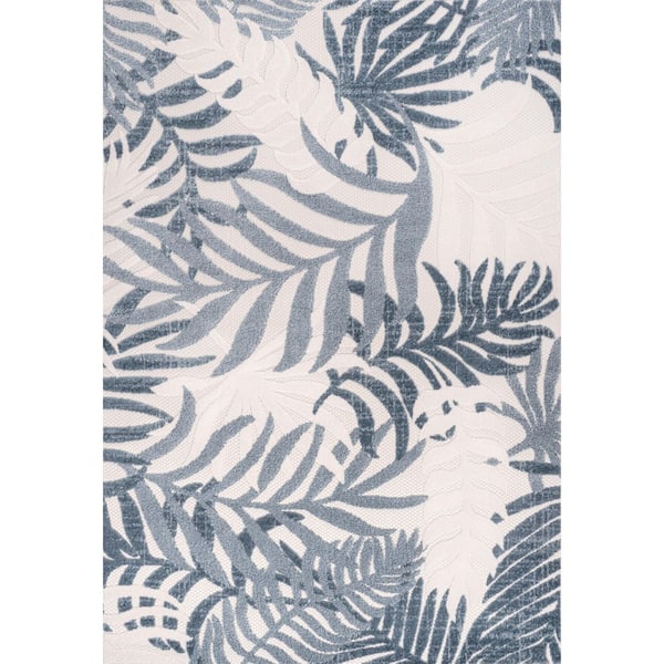 Tropics Palm Leaves Cream/Dark Blue 8 ft. x 10 ft. Indoor/Outdoor Area Rug