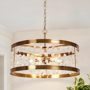 Modern 6-Light Plated Brass Drum Chandelier for Dining Room with Clear Glass Drops, Bedroom Living Room Pendant