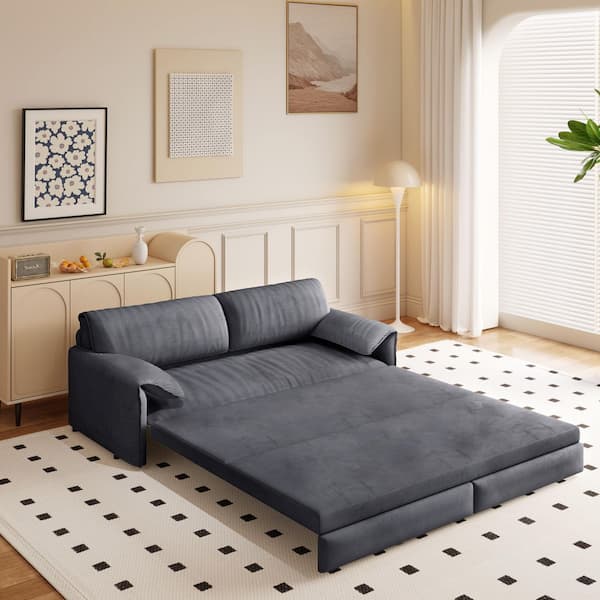 Harper & Bright Designs 3-in-1 Convertible 66 in. Gray Soft Velvet Queen Size Sofa Bed with Side Pockets