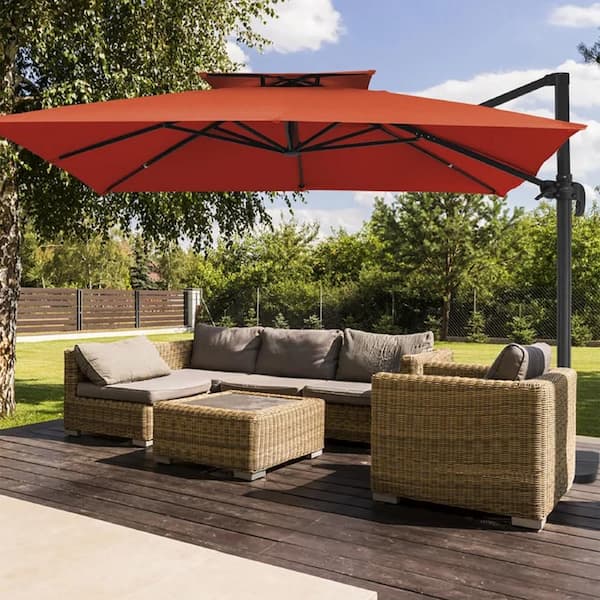 JEAREY 11 ft. x 11 ft. Square Two-Tier Top Rotation Outdoor Cantilever Patio Umbrella with Cover in Orange