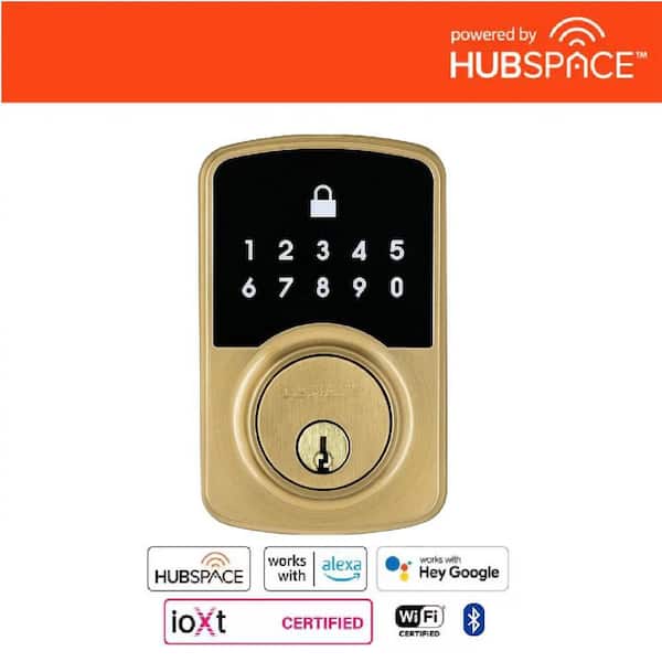 Square Compact Brushed Gold Electronic Single Cylinder Deadbolt Wi-Fi Enabled Powered by Hubspace