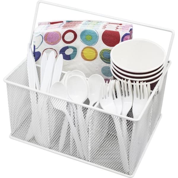 Multi-Purpose Steel Mesh White Steel Utensil Caddy with convenient carrying handle