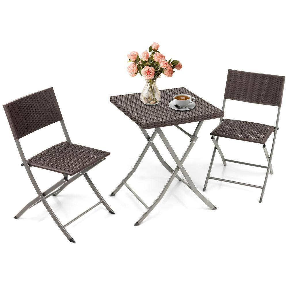 Gymax 3Piece Patio Bistro Set Folding Wicker Chairs & Table Outdoor