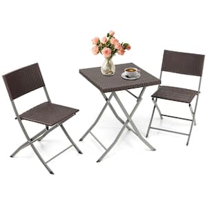 3-Piece Patio Bistro Set Folding Wicker Chairs & Table Outdoor Patio Furniture Set Brown