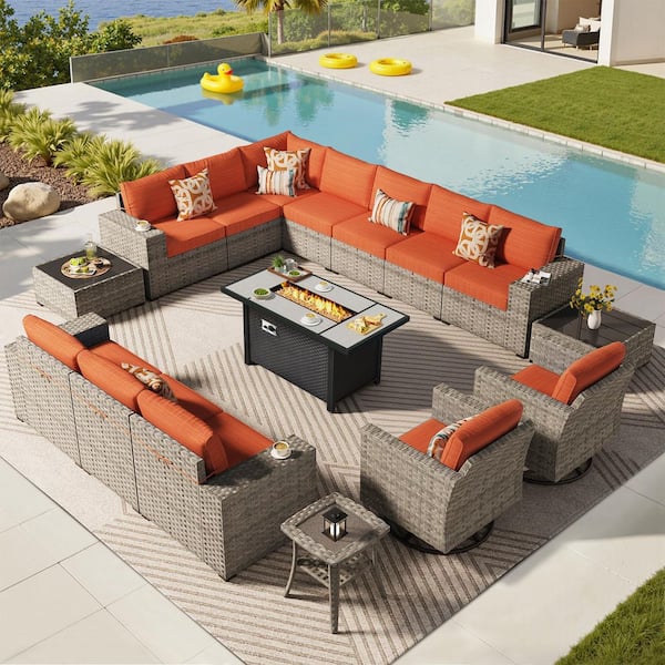 Loomcraft 16 Pieces Wicker Outdoor Patio Rectangular Fire Pit Set and Swivel Rocking Chairs with Orange Red Cushions