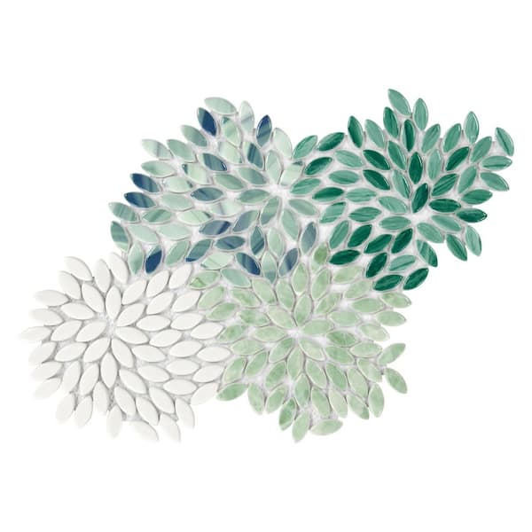 Flower Green Mixed 13.6 in. x 11 in. Glossy Recycled Glass Marble Looks Floor and Wall Mosaic Tile (5 sq. ft. /Case)