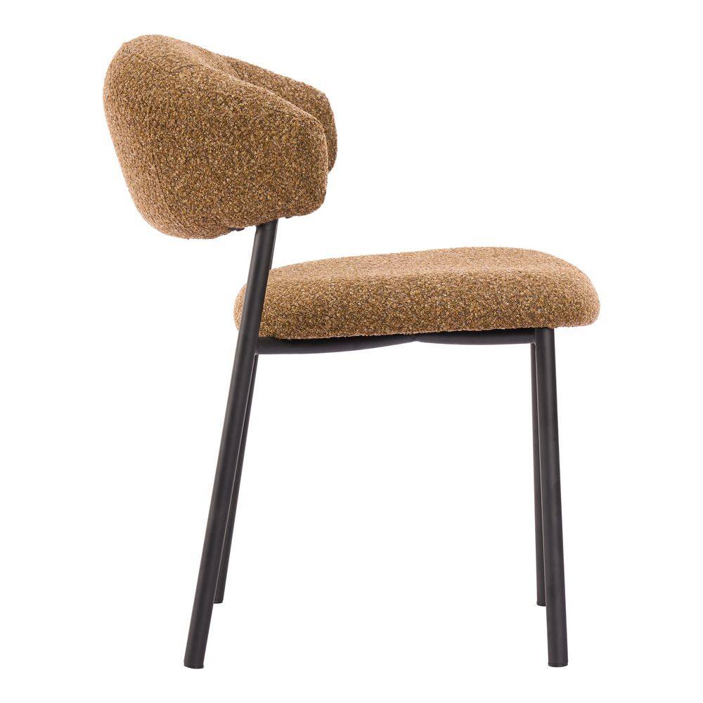 Single brown cork dining chair with black metal legs.