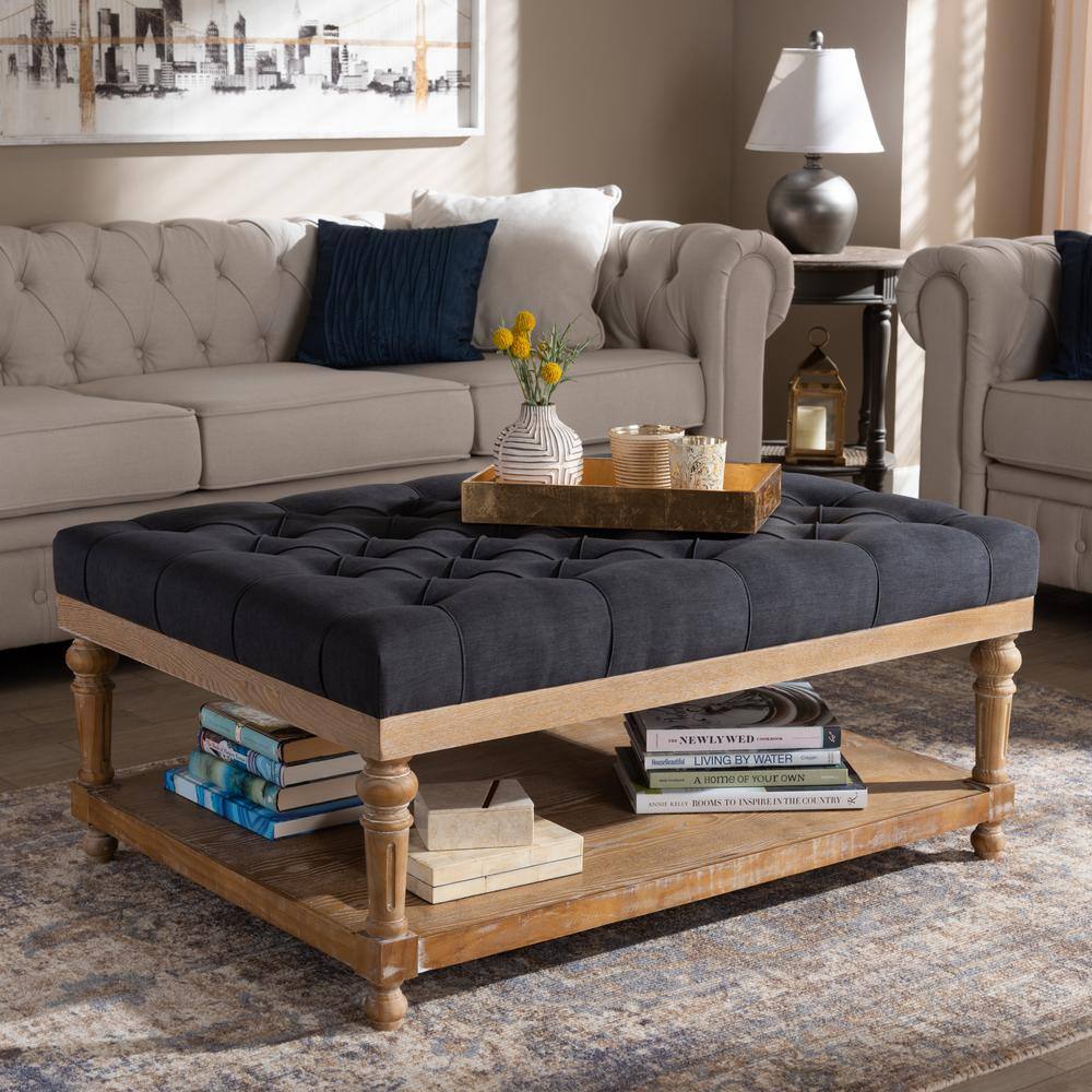 Charcoal Linen Fabric Tufted Cocktail Ottoman with Storage Shelf