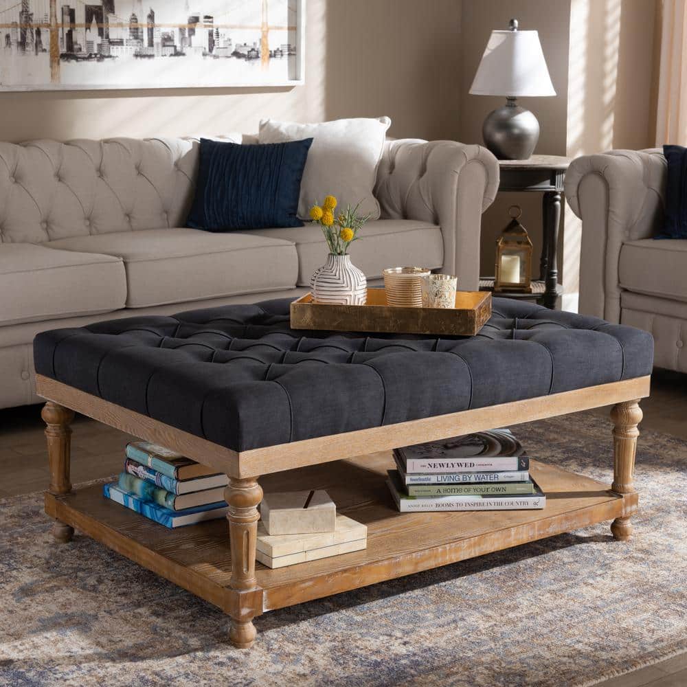 Charcoal Linen Fabric Tufted Cocktail Ottoman with Storage Shelf