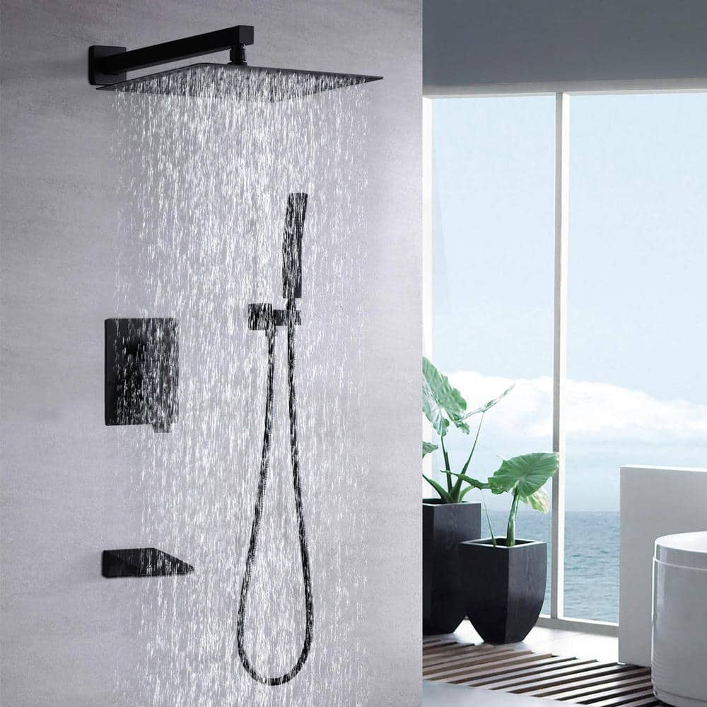 Large Matte Black Stainless Steel Square Wall Mounted Shower System