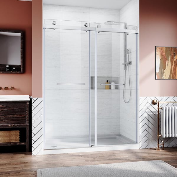 60 in. W x 76 in. H Frameless Sliding Shower Door in Chrome with Clear Tempered Glass