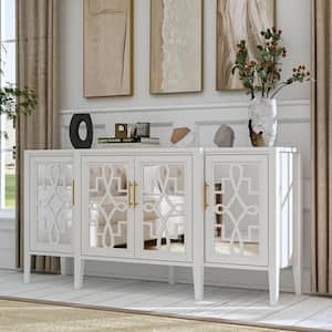 White Wooden Accent Storage Cabinet, Sideboard, Dresser with 6-Shelves and 4-Mirrored Doors