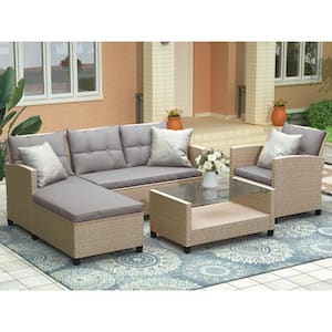 4-Piece Wicker Patio Conversation Set with Cushions, Outdoor, Patio Furniture Sets, Ratten Sectional Sofa, Beige Brown