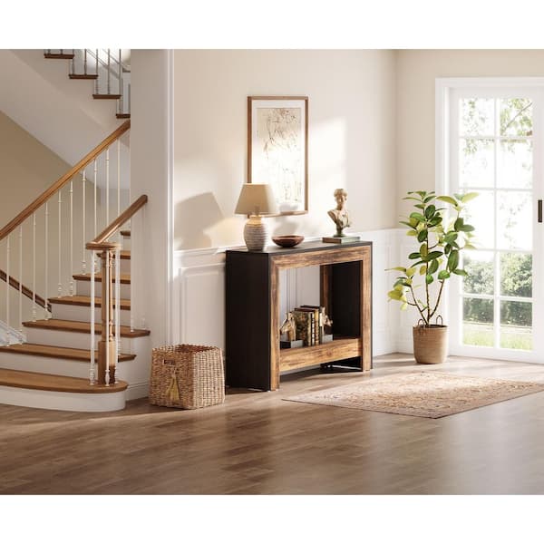 BYBLIGHT Turrella 41.34 in. Rustic Brown, Black Rectangle Wood Console Table Simple Geometric Entryway Accent Table for Hallway