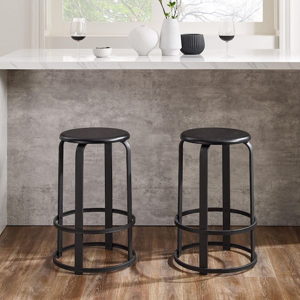Walker Edison Furniture Company 26 in. Black Backless Metal-Frame Stackable Wood-Seat Bar Stool, Set of 2