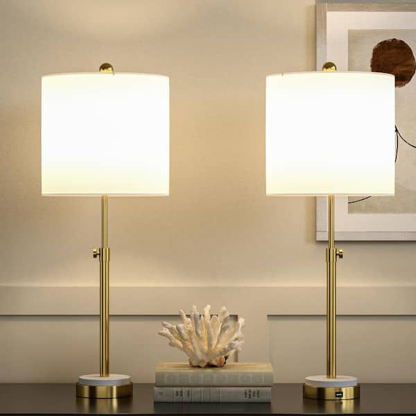 Cleveland 30 in. Adjustable Brass Desk Lamp with USB Port and White Linen Lampshade（2-Pack）