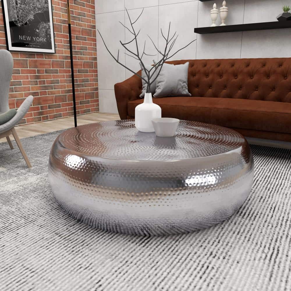 Elegant Hammered Silver Aluminum Round Coffee Table - 49"